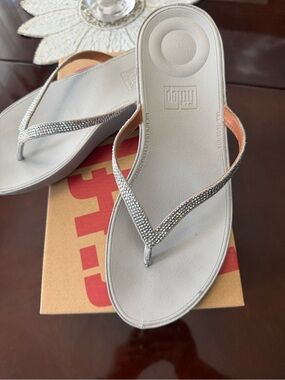 FitFlop Silver Rhinestone Wedge Thong Sandals